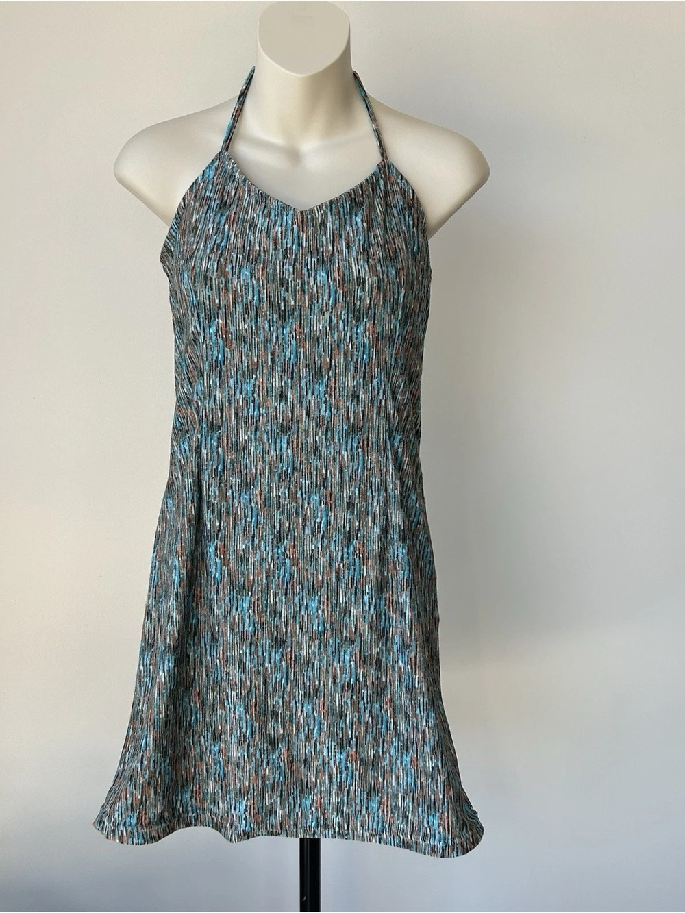 Sleeveless Halter Blue & Brown Patterned Summer Dress